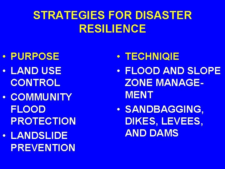 STRATEGIES FOR DISASTER RESILIENCE • PURPOSE • LAND USE CONTROL • COMMUNITY FLOOD PROTECTION