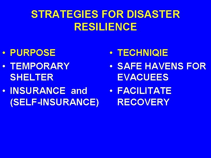 STRATEGIES FOR DISASTER RESILIENCE • PURPOSE • TEMPORARY SHELTER • INSURANCE and (SELF-INSURANCE) •