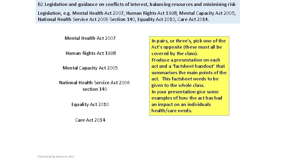 B 2 Legislation and guidance on conflicts of interest, balancing resources and minimising risk