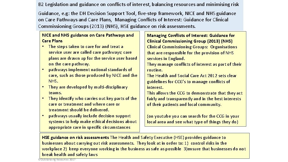 B 2 Legislation and guidance on conflicts of interest, balancing resources and minimising risk