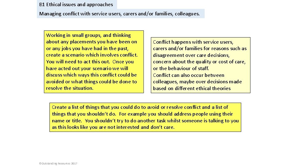 B 1 Ethical issues and approaches Managing conflict with service users, carers and/or families,