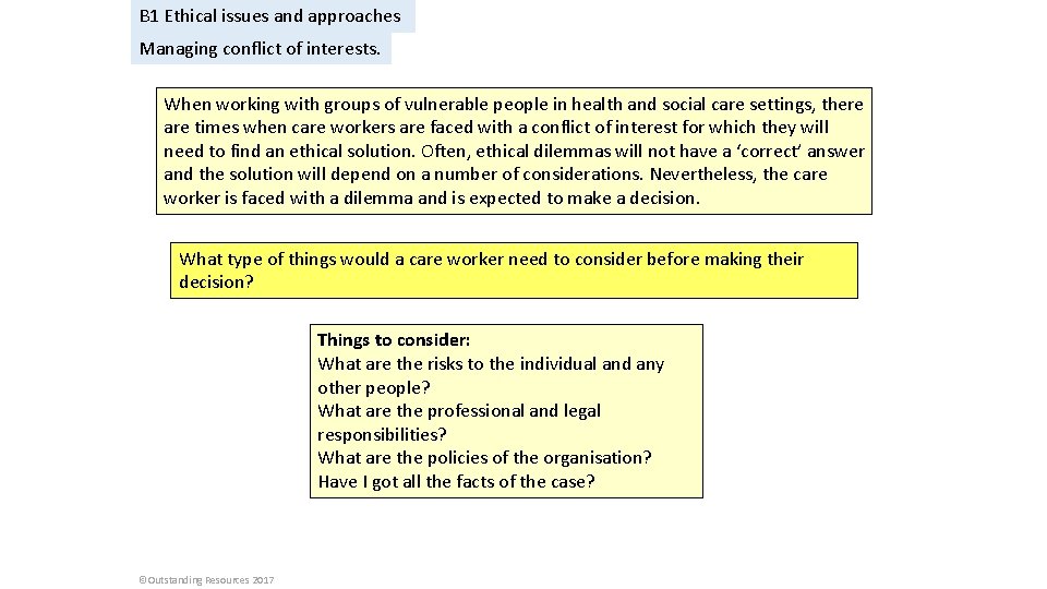 B 1 Ethical issues and approaches Managing conflict of interests. When working with groups