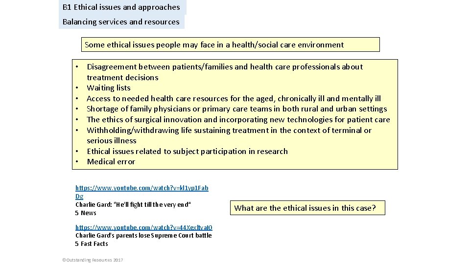 B 1 Ethical issues and approaches Balancing services and resources Some ethical issues people