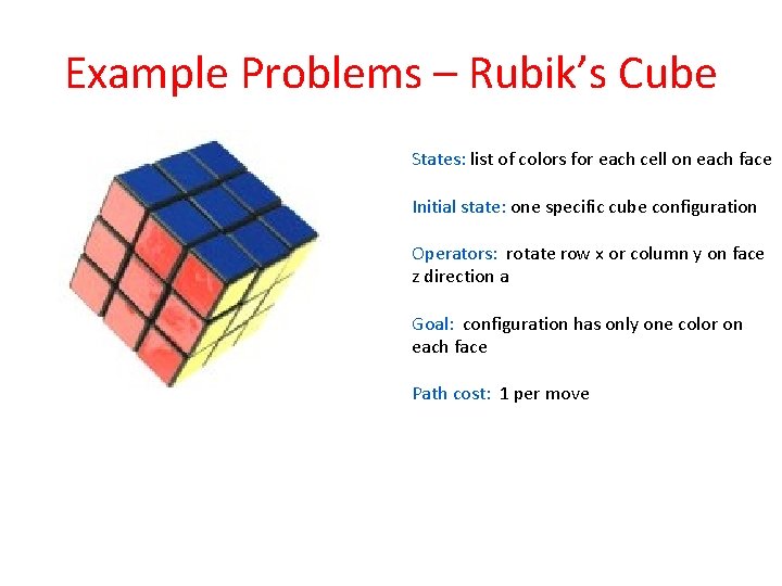 Example Problems – Rubik’s Cube States: list of colors for each cell on each Example Problems – Rubik’s Cube States: list of colors for each cell on each