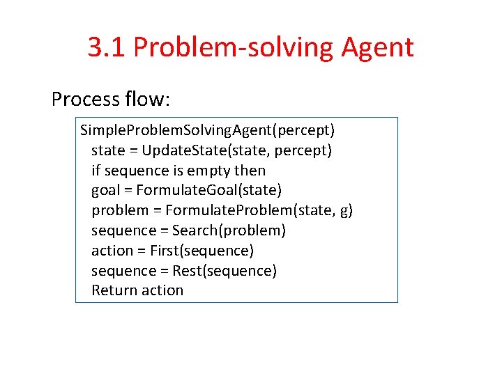 3. 1 Problem-solving Agent Process flow: Simple. Problem. Solving. Agent(percept) state = Update. State(state,