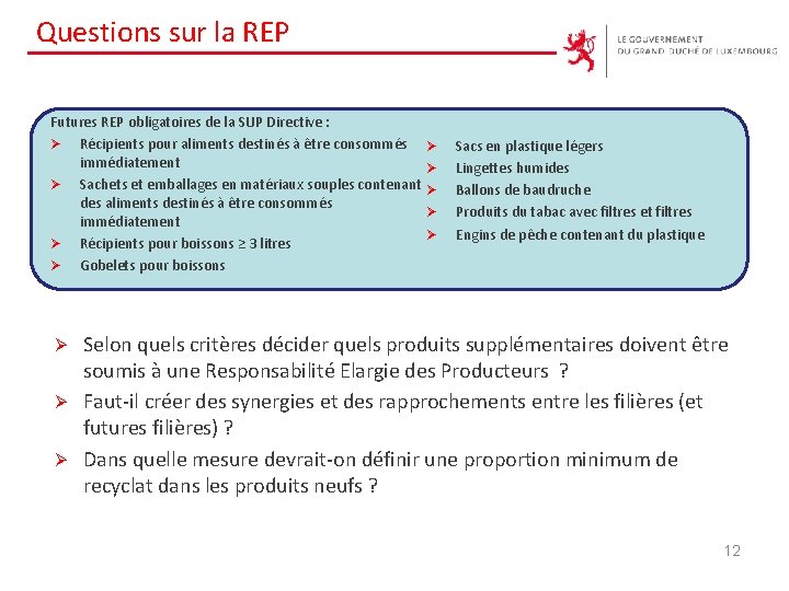 Questions sur la REP Futures REP obligatoires de la SUP Directive : Ø Récipients