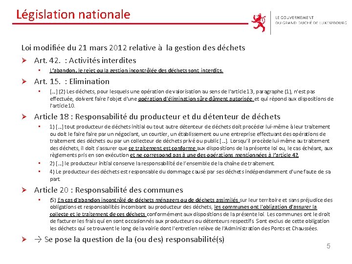 Législation nationale Loi modifiée du 21 mars 2012 relative à la gestion des déchets