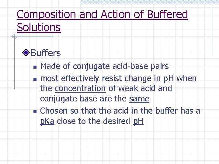 Composition and Action of Buffered Solutions Buffers n n n Made of conjugate acid-base