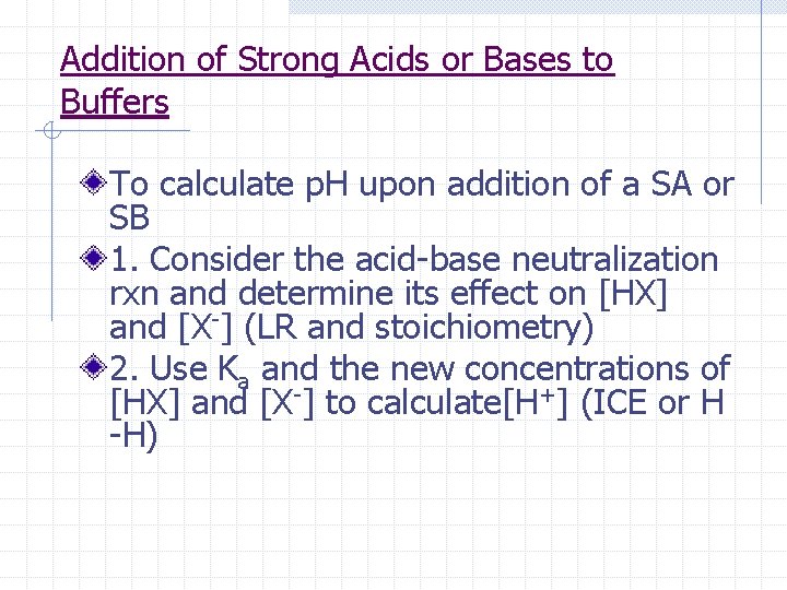 Addition of Strong Acids or Bases to Buffers To calculate p. H upon addition