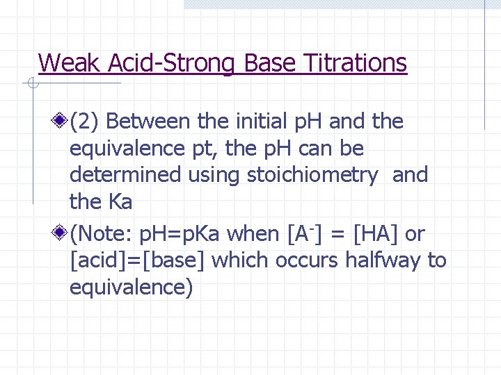 Weak Acid-Strong Base Titrations (2) Between the initial p. H and the equivalence pt,