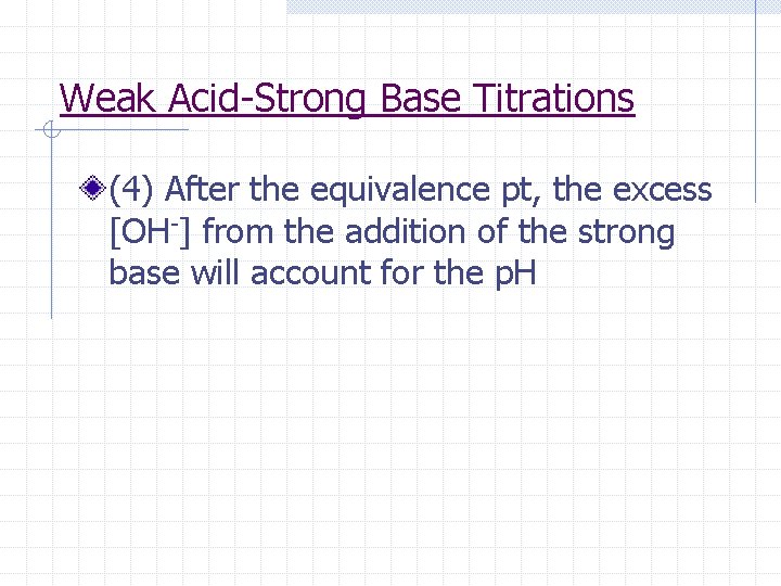 Weak Acid-Strong Base Titrations (4) After the equivalence pt, the excess [OH-] from the