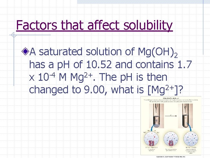 Factors that affect solubility A saturated solution of Mg(OH)2 has a p. H of