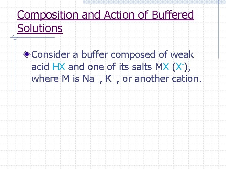 Composition and Action of Buffered Solutions Consider a buffer composed of weak acid HX