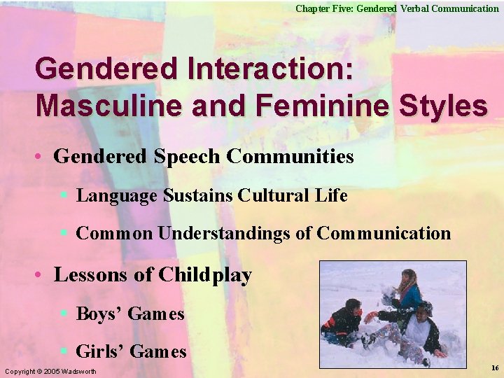 Chapter Five: Gendered Verbal Communication Gendered Interaction: Masculine and Feminine Styles • Gendered Speech