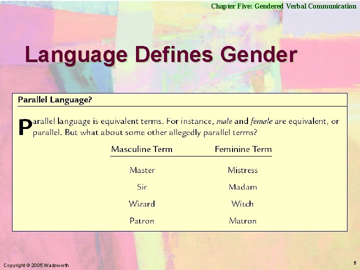 Chapter Five: Gendered Verbal Communication Language Defines Gender Copyright © 2005 Wadsworth 5 