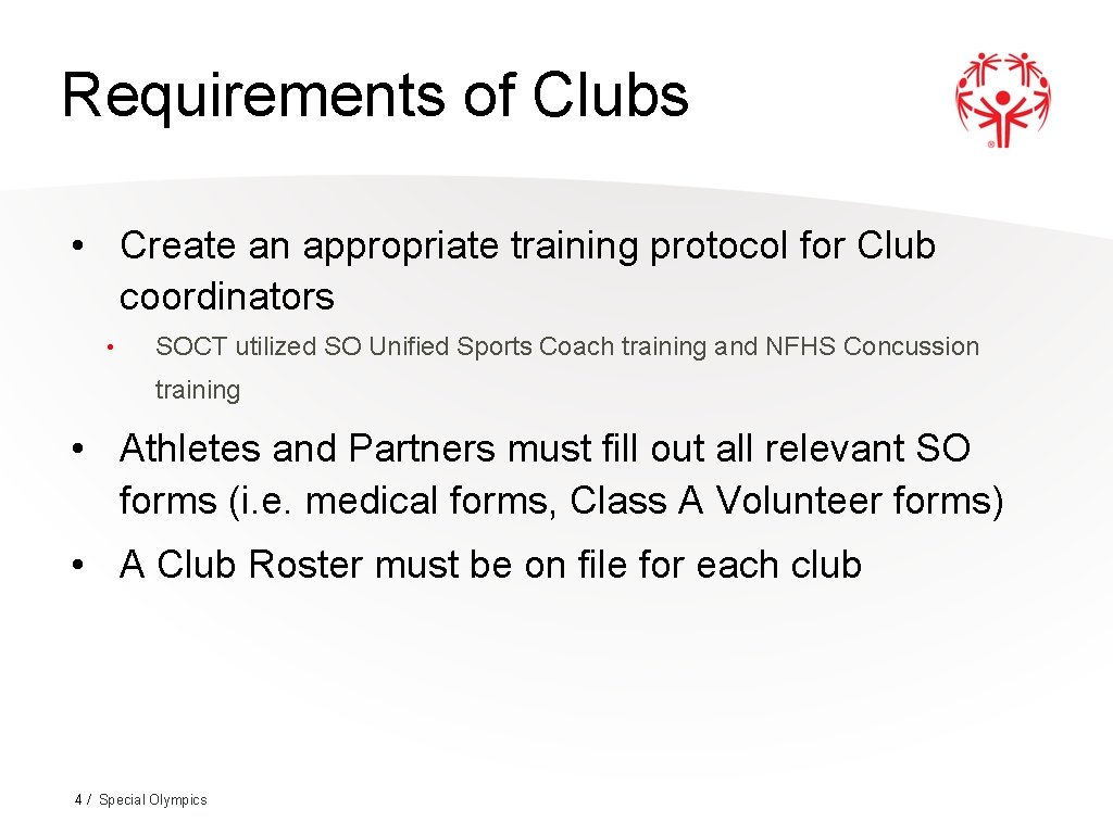 Requirements Clubs Special Olympicsof Reach • Create an appropriate training protocol for Club coordinators