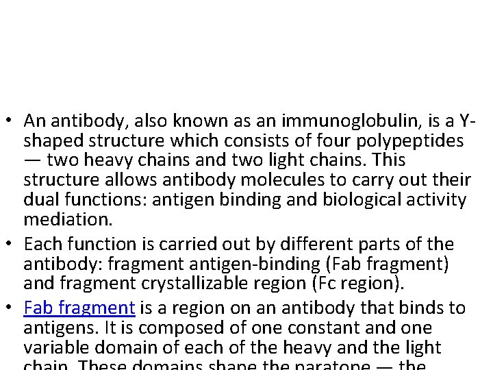  • An antibody, also known as an immunoglobulin, is a Yshaped structure which