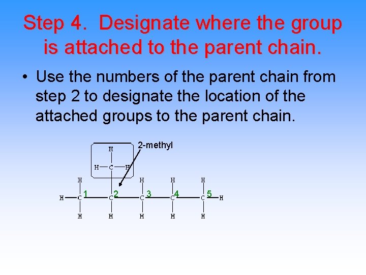 Step 4. Designate where the group is attached to the parent chain. • Use