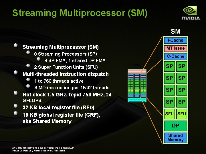 Streaming Multiprocessor (SM) 8 Streaming Processors (SP) 8 SP FMA, 1 shared DP FMA