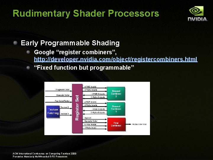 Rudimentary Shader Processors Early Programmable Shading Google “register combiners”, http: //developer. nvidia. com/object/registercombiners. html