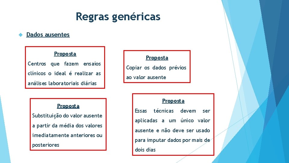 Regras genéricas Dados ausentes Proposta Centros que fazem ensaios clínicos o ideal é realizar