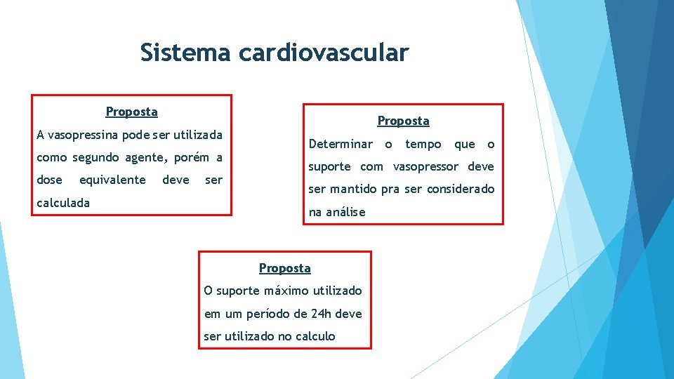 Sistema cardiovascular Proposta A vasopressina pode ser utilizada como segundo agente, porém a dose