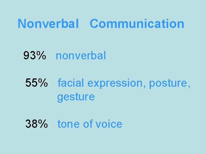 Nonverbal Communication 93% nonverbal 55% facial expression, posture, gesture 38% tone of voice 