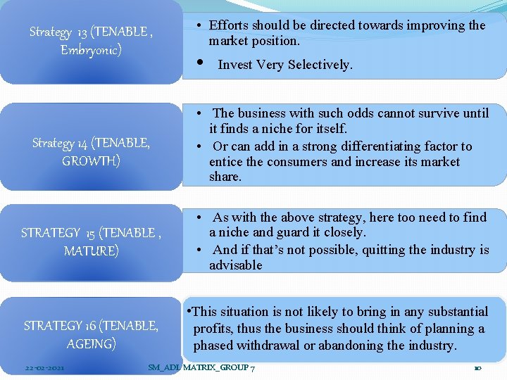 Strategy 13 (TENABLE , Embryonic) Strategy 14 (TENABLE, GROWTH) STRATEGY 15 (TENABLE , MATURE)