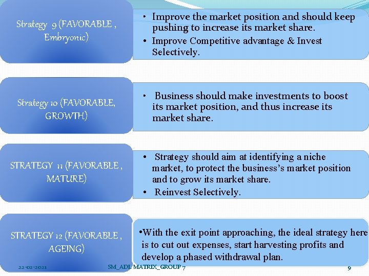 Strategy 9 (FAVORABLE , Embryonic) • Improve the market position and should keep pushing