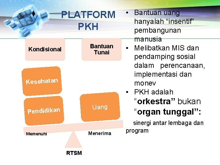 PLATFORM PKH Bantuan Tunai Kondisional Kesehatan Uang Pendidikan Menerima Memenuhi RTSM • Bantuan uang