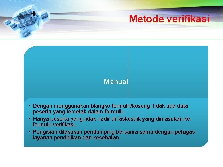 Metode verifikasi Manual • Dengan menggunakan blangko formulir/kosong, tidak ada data peserta yang tercetak