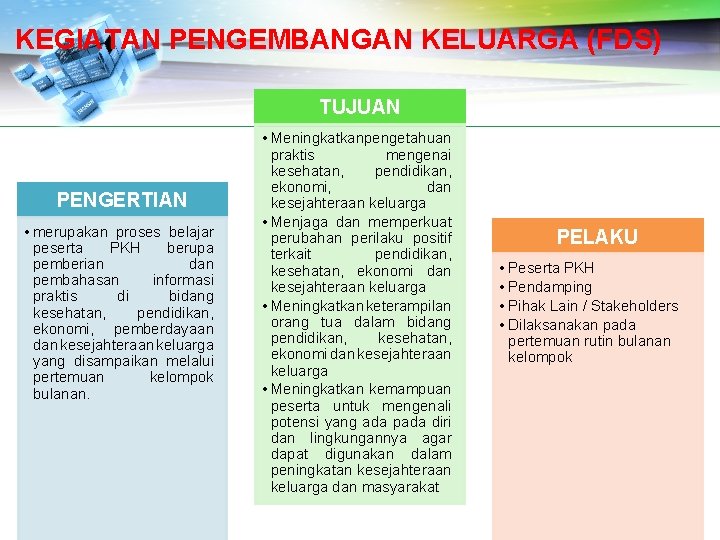 KEGIATAN PENGEMBANGAN KELUARGA (FDS) TUJUAN PENGERTIAN • merupakan proses belajar peserta PKH berupa pemberian