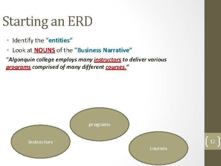 Starting an ERD • Identify the “entities” • Look at NOUNS of the “Business Starting an ERD • Identify the “entities” • Look at NOUNS of the “Business