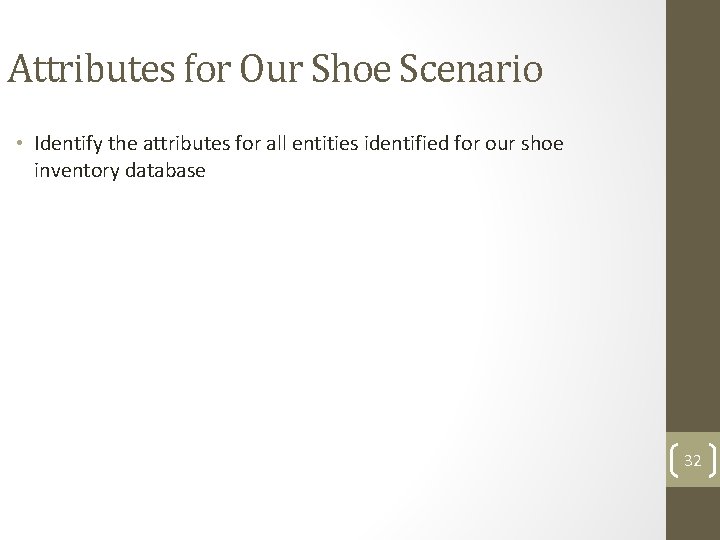 Attributes for Our Shoe Scenario • Identify the attributes for all entities identified for Attributes for Our Shoe Scenario • Identify the attributes for all entities identified for