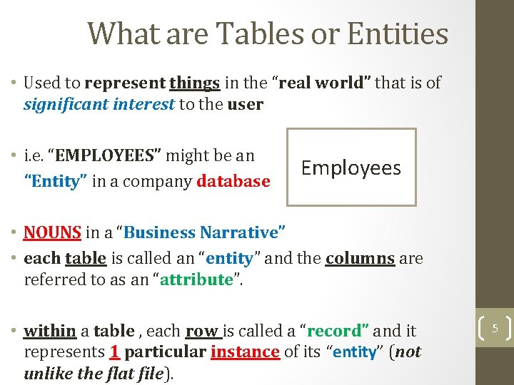 What are Tables or Entities • Used to represent things in the “real world” What are Tables or Entities • Used to represent things in the “real world”