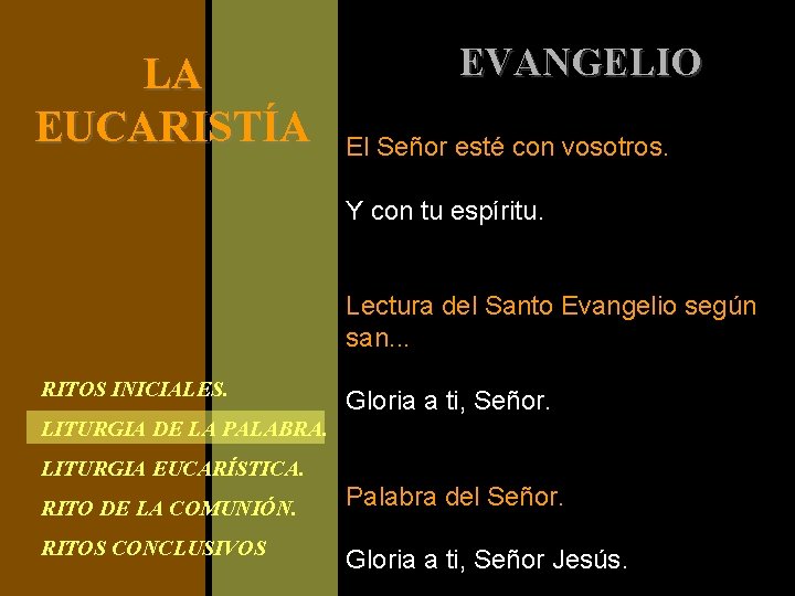 LA EUCARISTÍA EVANGELIO El Señor esté con vosotros. Y con tu espíritu. Lectura del