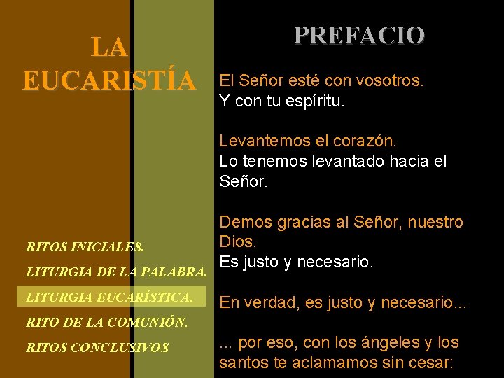 LA EUCARISTÍA RITOS INICIALES. LITURGIA DE LA PALABRA. LITURGIA EUCARÍSTICA. PREFACIO El Señor esté