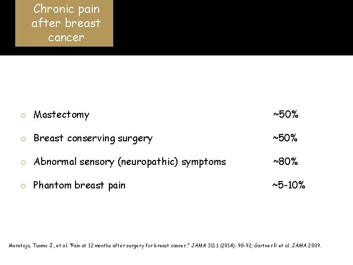 Chronic pain after breast cancer o Mastectomy ~50% o Breast conserving surgery ~50% o
