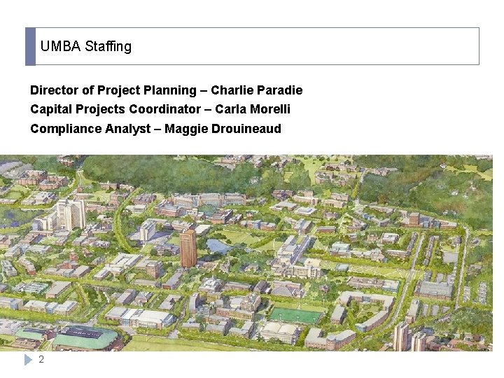 UMBA Staffing Director of Project Planning – Charlie Paradie Capital Projects Coordinator – Carla