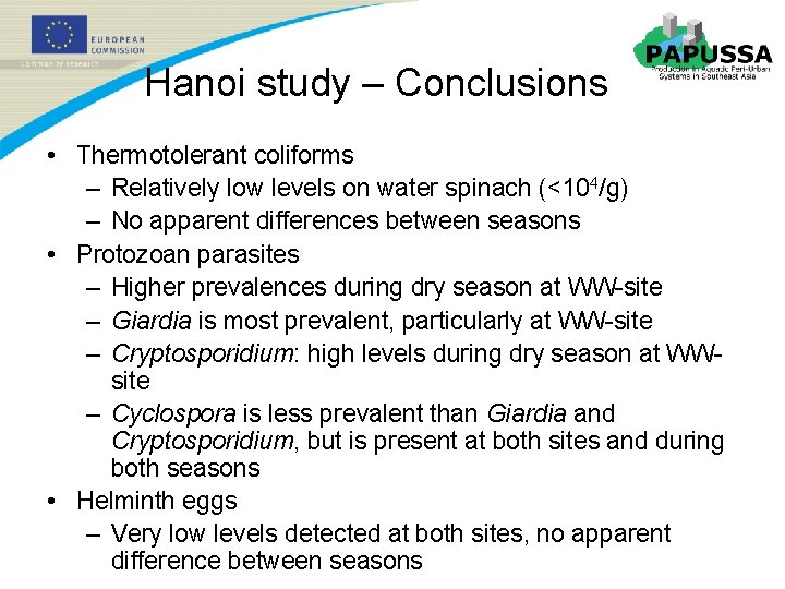 Hanoi study – Conclusions • Thermotolerant coliforms – Relatively low levels on water spinach