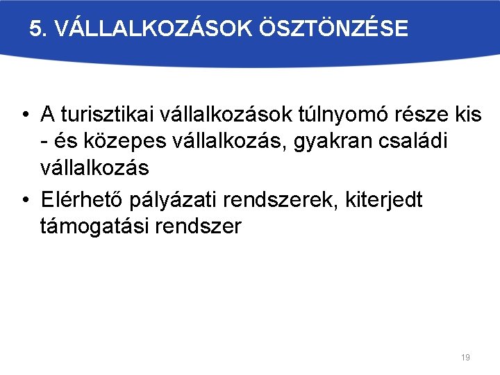 5. VÁLLALKOZÁSOK ÖSZTÖNZÉSE • A turisztikai vállalkozások túlnyomó része kis - és közepes vállalkozás,