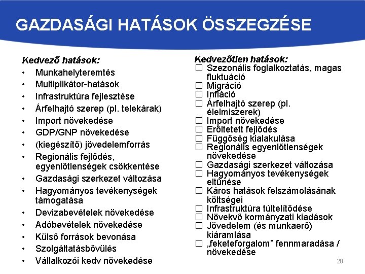 GAZDASÁGI HATÁSOK ÖSSZEGZÉSE Kedvező hatások: • Munkahelyteremtés • Multiplikátor-hatások • Infrastruktúra fejlesztése • Árfelhajtó