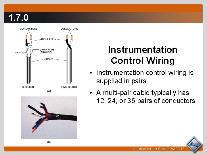 1. 7. 0 Instrumentation Control Wiring • Instrumentation control wiring is supplied in pairs.