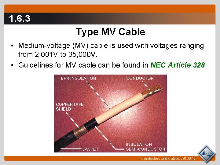 1. 6. 3 Type MV Cable • Medium-voltage (MV) cable is used with voltages