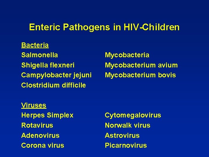 Enteric Pathogens in HIV-Children Bacteria Salmonella Shigella flexneri Campylobacter jejuni Clostridium difficile Viruses Herpes