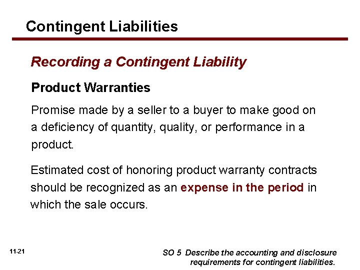 Contingent Liabilities Recording a Contingent Liability Product Warranties Promise made by a seller to