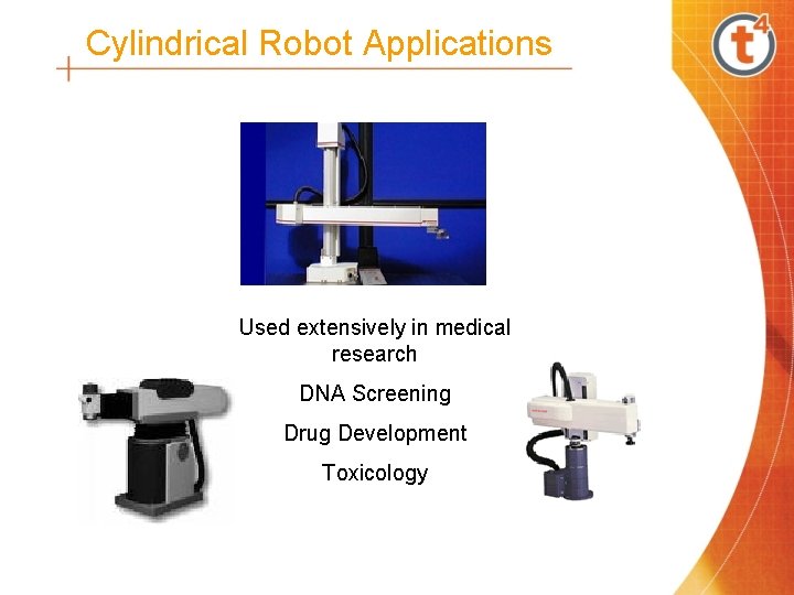 Cylindrical Robot Applications Used extensively in medical research DNA Screening Drug Development Toxicology 