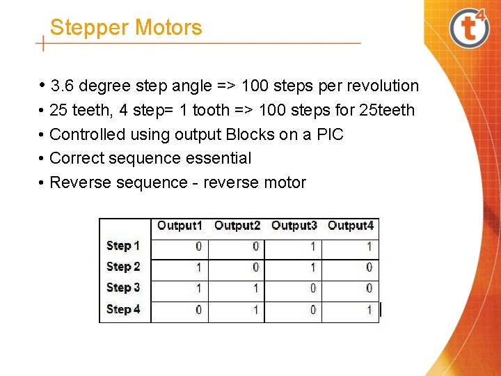Stepper Motors • 3. 6 degree step angle => 100 steps per revolution •