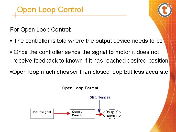 Open Loop Control For Open Loop Control: • The controller is told where the