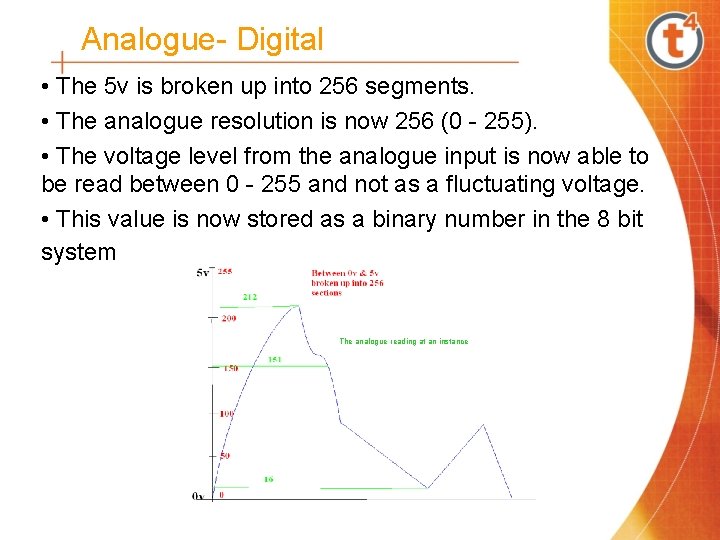 Analogue- Digital • The 5 v is broken up into 256 segments. • The